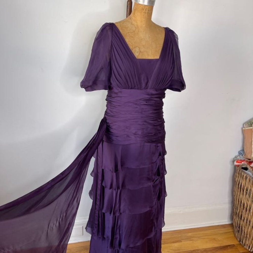 J. Mendel Paris Ruffled Tiered Short Sleeve Silk Evening Dress In Purple Size 10 - Picture 3 of 13